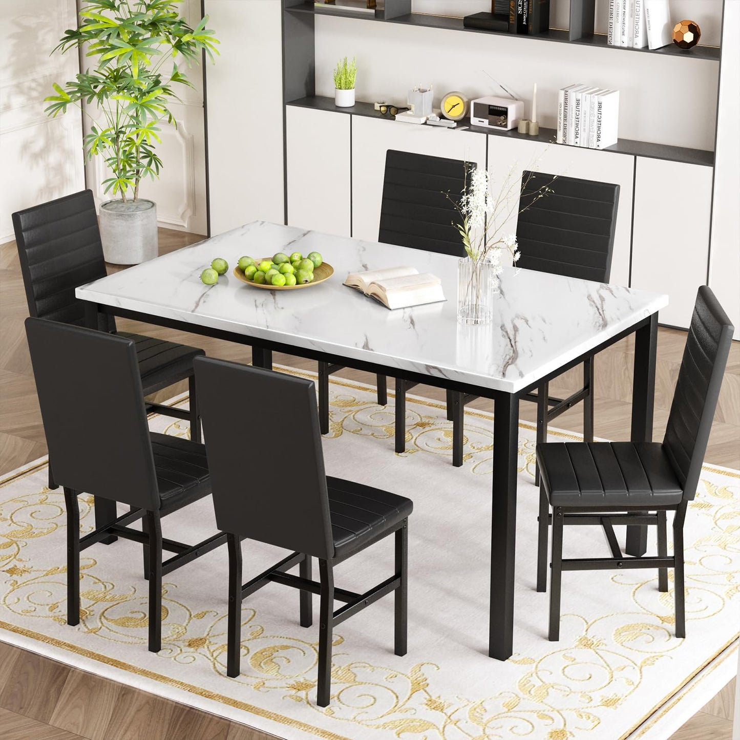 Recaceik Dinner Table Set for 6,Faux Marble Dining Room Table Set,7 Piece Dining Table Set for 6 with PU Leather for Kitchen and Dining (White & Black)
