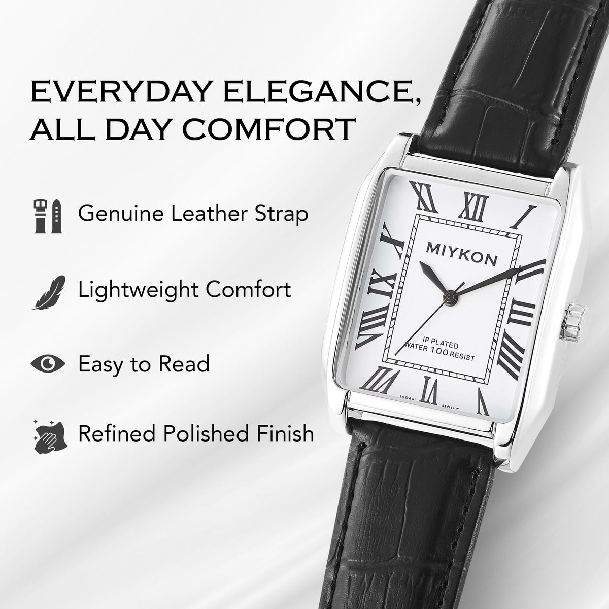 Miykon Vintage Watches for Men - Tank Square Silver Analog Watch with Black Genuine Leather Wrist Strap for Classic Dress - Ion Polished, Scratch Resistant Glass, Japanese Quartz, Waterproof to 100ft