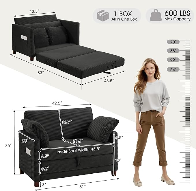 kakuboohi 51" Loveseat Sleeper Sofa Bed, Corduroy Convertible Floor Sofa Bed for Small Spaces, Folding Couch Bed with Deep Seat, 2 Pillows & Solid Frame, Pull Out Floor Couch for Living Room, Black