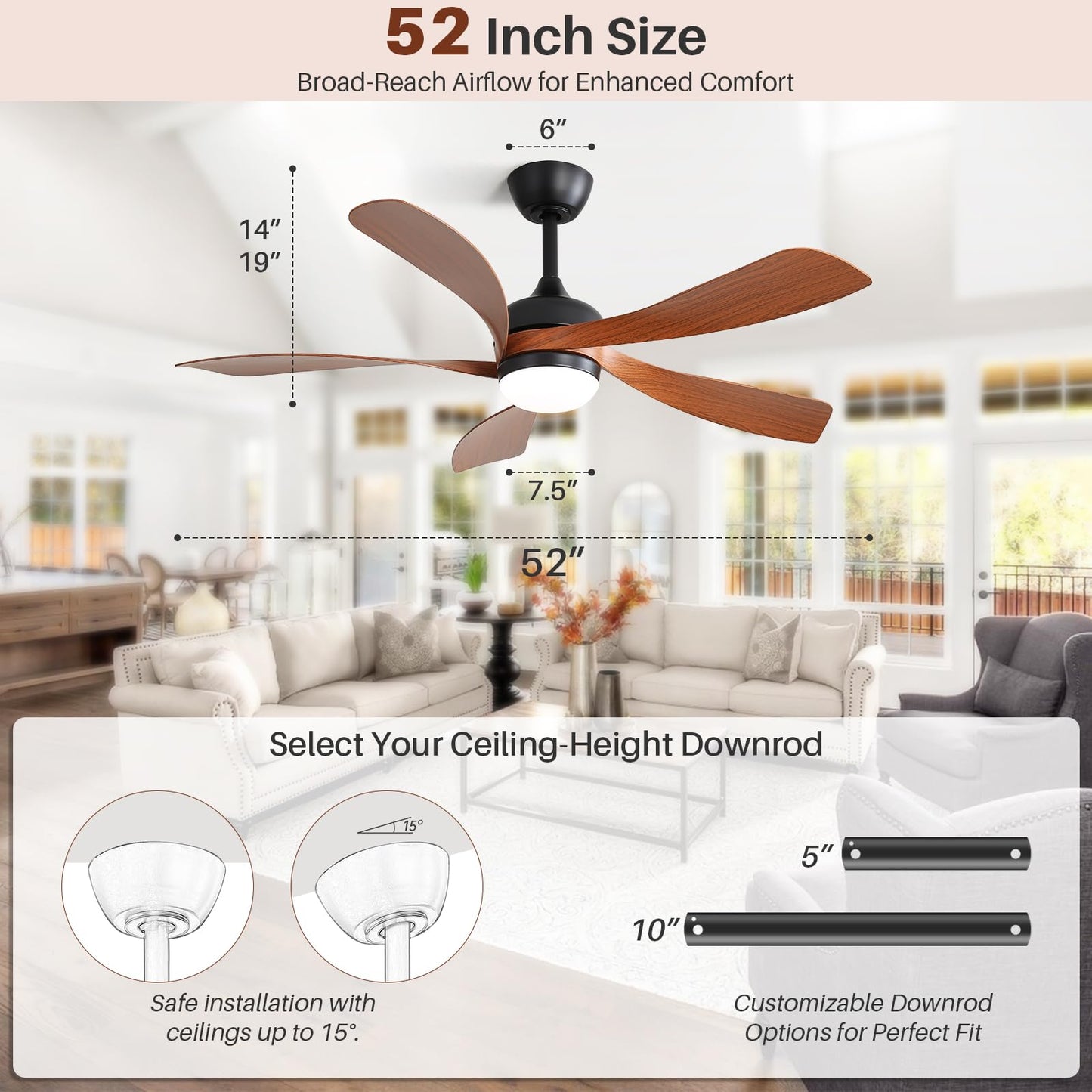 CACI Mall 52 Inch Ceiling Fans with Lights and Remote, modern, Outdoor ceiling fan with 6-Speed, 5 Blades, 2 Downrods, 3 CCT, Timer, Quiet Reversible DC Motor for Living Room, Bedroom, Patios