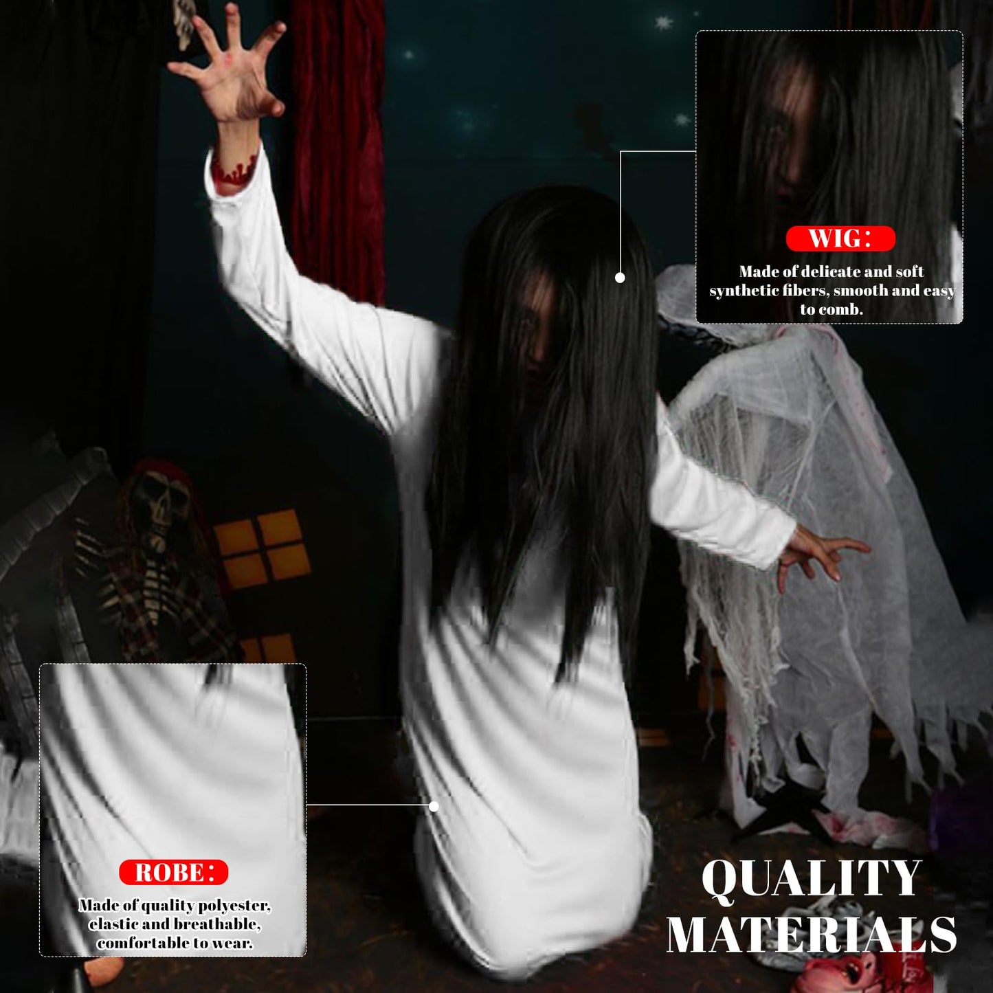 DECEED 2 PCS Halloween Ghost Costume for Adult, White Robe Black Wig Set, The Ring Samara Cosplay Costume Dress Up Party Outfit (L)