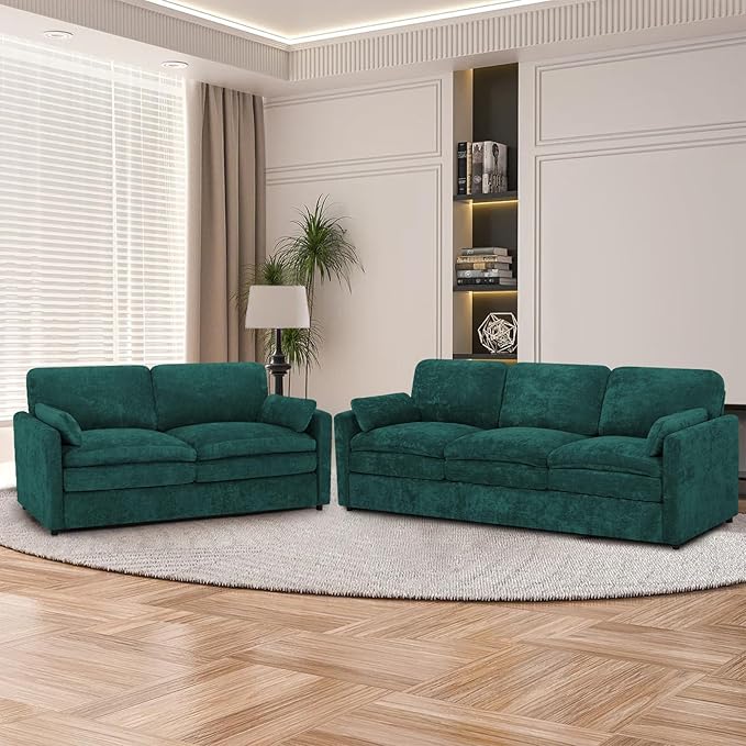 ACMEASE 2 Pieces Chenille Sofa Set w/Arm Pillows, Upholstered Loveseat & 3 Seater Sofa w/Comfortable Back Cushions, Modern 2-Seat & 3-Seat w/High-Density Foam for Living Room, Apartment, Teal