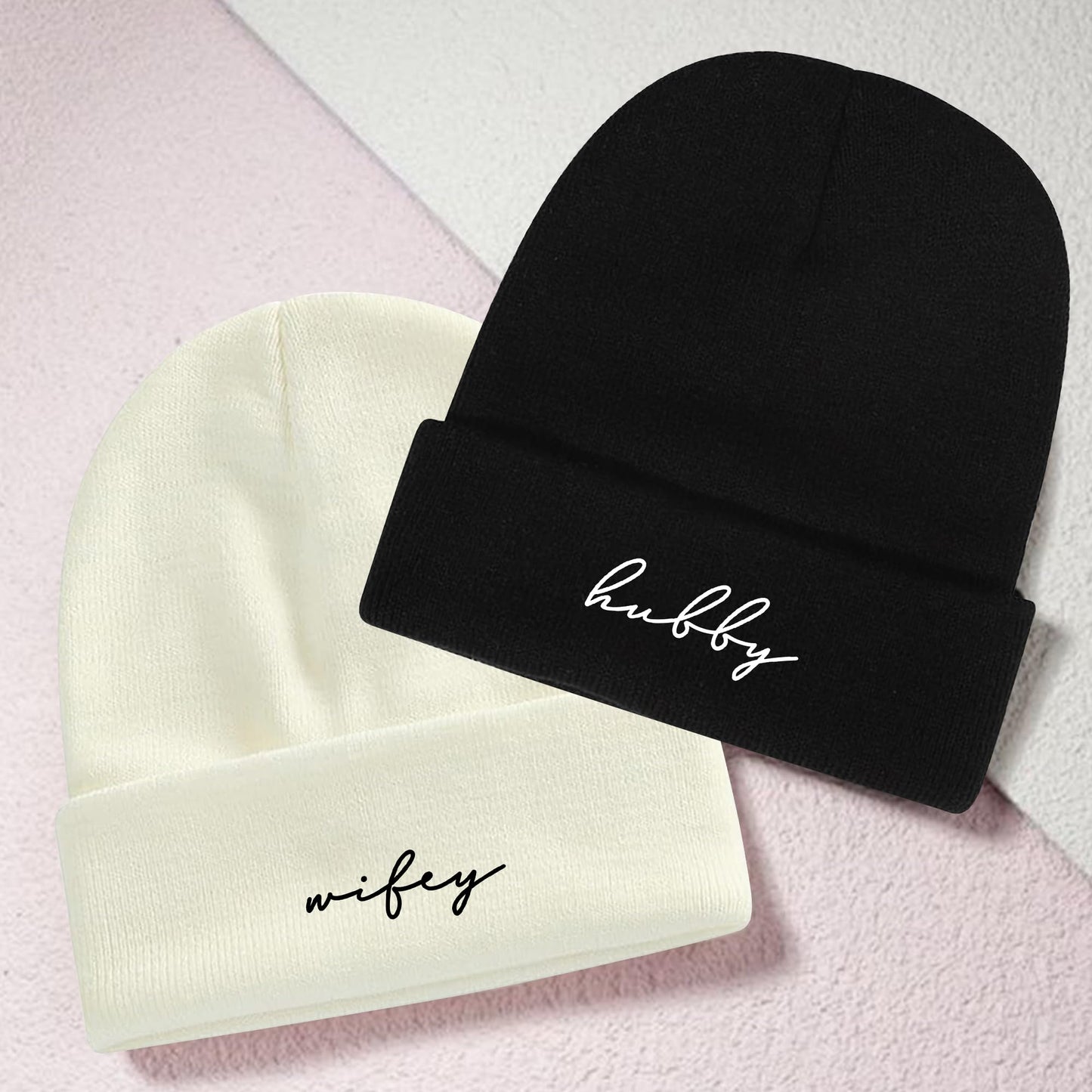 GroomBrideGifts Wedding Beanie Hat Set for Couples, Hubby & Wifey - Bridal Shower Gifts, Unique Gift for Engagement, Honeymoon, Anniversary