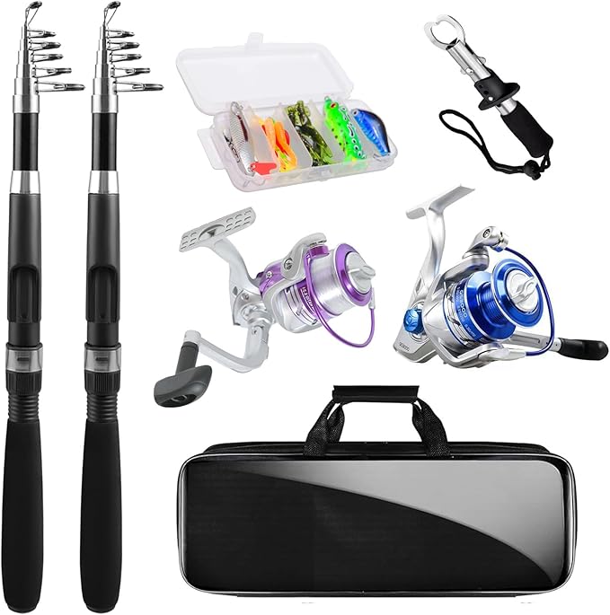Telescopic Fishing Rod and Reel Combo, 2PACK Carbon Fiber Travel Rod, 2 Collapsible Spinning Reels, 2 100m Line, Carrier B...