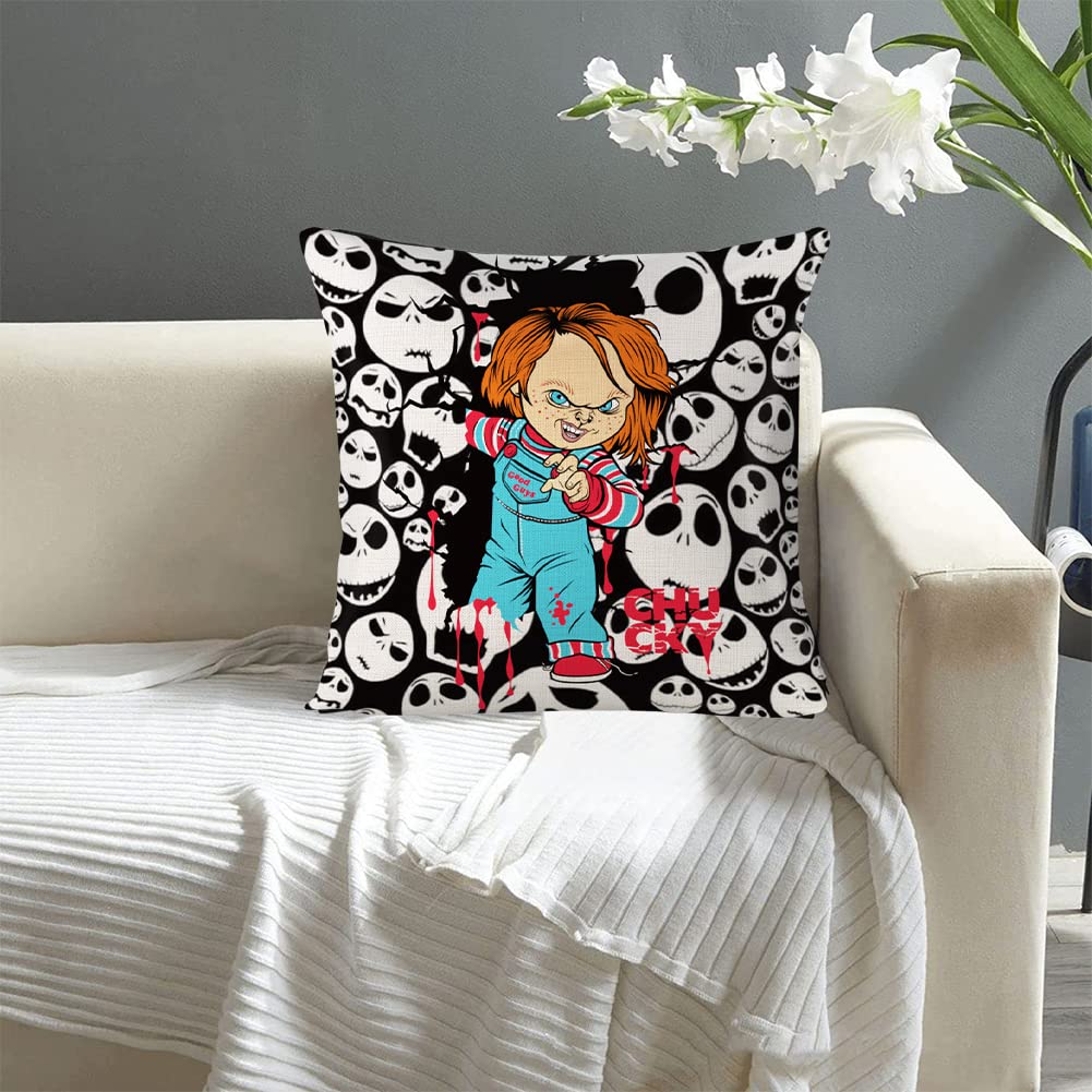 Chucky Pillow Cover Classic Horror Movie Halloween Pillow Cover Creepy Pillowcase Horror Halloween Decorations Skeleton Skull Throw Cushion Cover Cotton Linen Pillowcase 18 x 18 Inch, No Pillow Insert