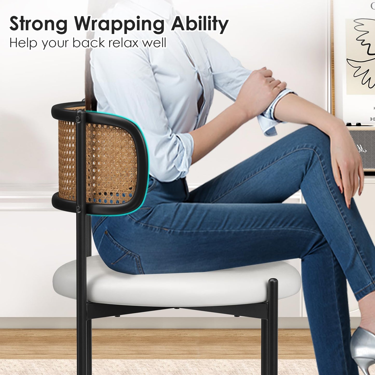 Farini Dining Chairs Set of 4, PU Leather Upholstered Seat with Woven Rattan Back, Sturdy Metal Legs Modern Side Chairs for Kitchen Living Room Restaurant, Beige