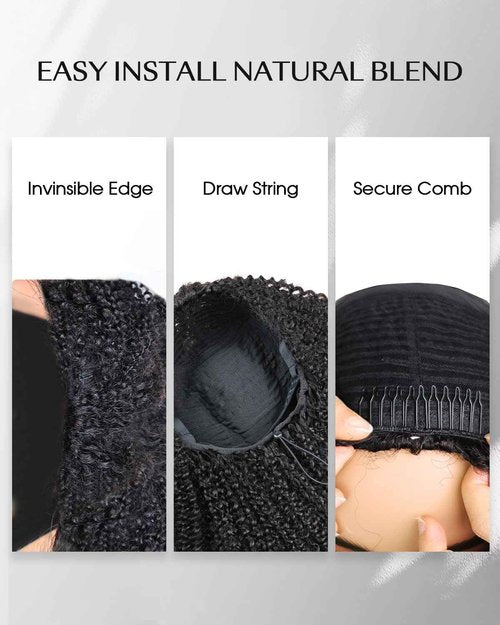 FACMOOD Kinky Curly Half Wig Human Hair 200% Density Wear and Go Glueless Wigs Human Hair Half Wigs with Drawstring 3 In 1 Flip Over Headband Wig for Women Beginner Friendly 16 inch