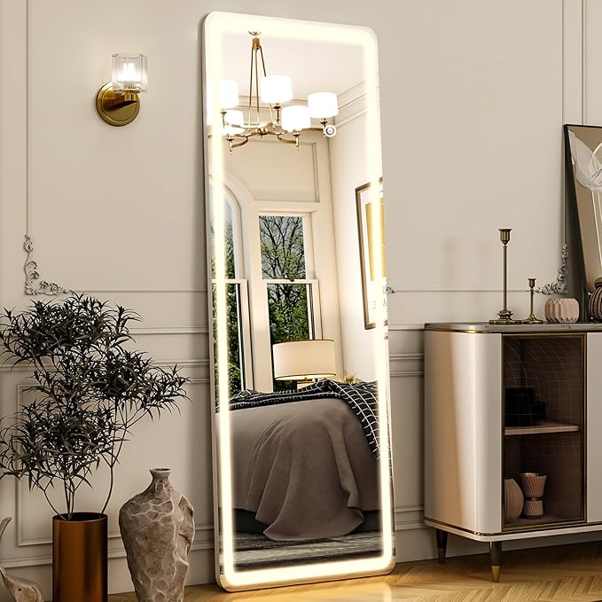 Full Length Mirror - 16" x 60" Mirror Full Length with LED Lights Adjustable Screen Brightness, Wall Mounted or Freestanding, Full Body Mirrors for Bedroom, Living Room, Cloakroom,Salon