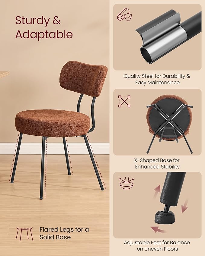 VASAGLE Boucle Dining Chairs Set of 2, Upholstered Kitchen Dining Room Chairs with Curved Backrest and Steel Frame, Modern Mid Century, Round, for Vanity, Living Room, Coffee Brown UKDC110K01