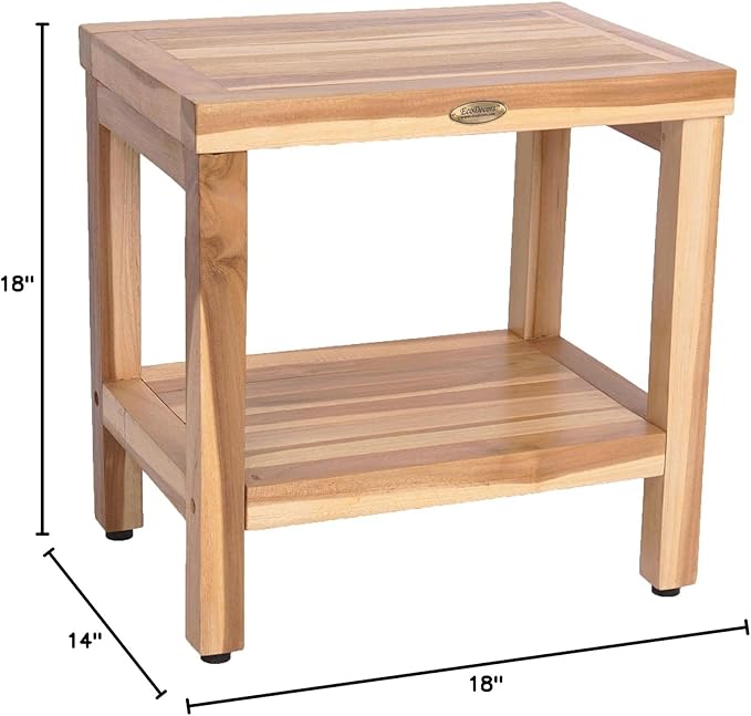 EcoDecors Eleganto 18 Inch Natural Color Waterproof Teak Wood Shower Bench Stool Seat Chair For Inside Shower Provides Safety, Storage, and Organization For Bathroom Accessories