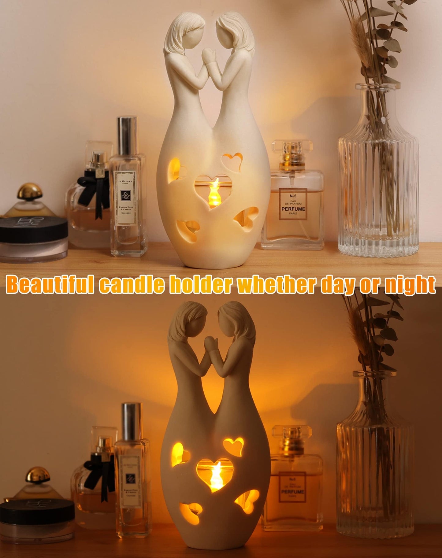 DREAMORIE Sisters Birthday Gifts from Sister, Polyresin Candle Holder Statue - W/Flickering Led, Unique Birthday Gifts for Women Friends BFF Bestie Female, Anniversary Present for Girlfriend
