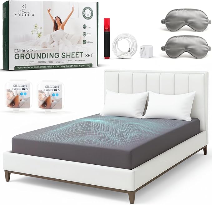 Emberix Grounding Sheets Queen Size, 12% Pure Silver Fiber Earthing Bed Sheet, 88% Cotton Naturally Soft & Cooling, Grounded Bed Sheets with Eye Masks & Ear Plugs for Rest & Wellness (Gray)