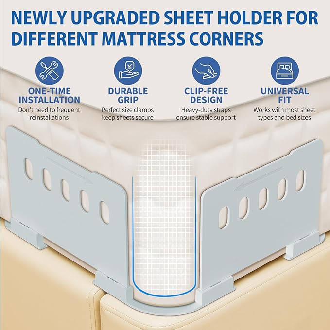 Bed Sheet Holder with Clips Lock, Open Corner Fitted Bedsheet Holders with Straps for Twin, Full, Queen, King Size Mattress, Keep Sheets Firm and Tight, No More Loose Sheets(Light Grey)