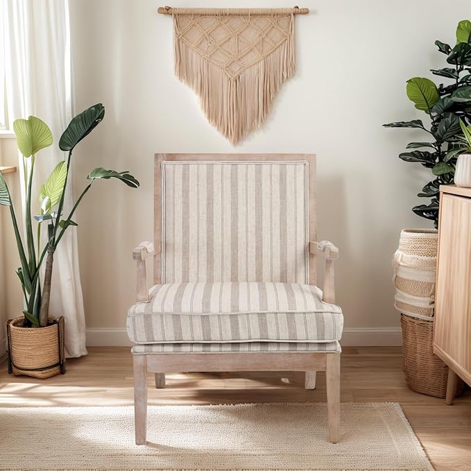 Mid Century Modern Accent Chair Set of 2, Upholstered Armchair with Solid Wood Frame & Wide Cushion Comfy Living Room Chairs Lounge Retro Reading Chair for Bedroom, Guest Room, Balcony, Khaki stripe