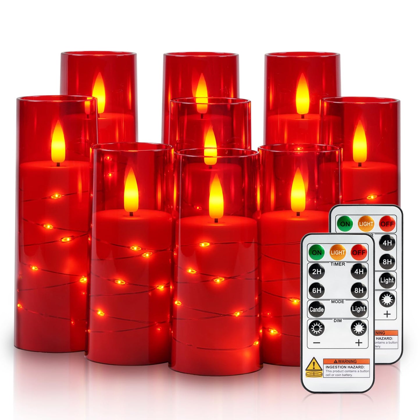 Raycare Flameless Candle with Remote Timer – 9 Flickering Acrylic Battery Operated LED Pillar Candles with Embedded Star String for Valentine's Day, Home Decor, and as a Gift (Red)