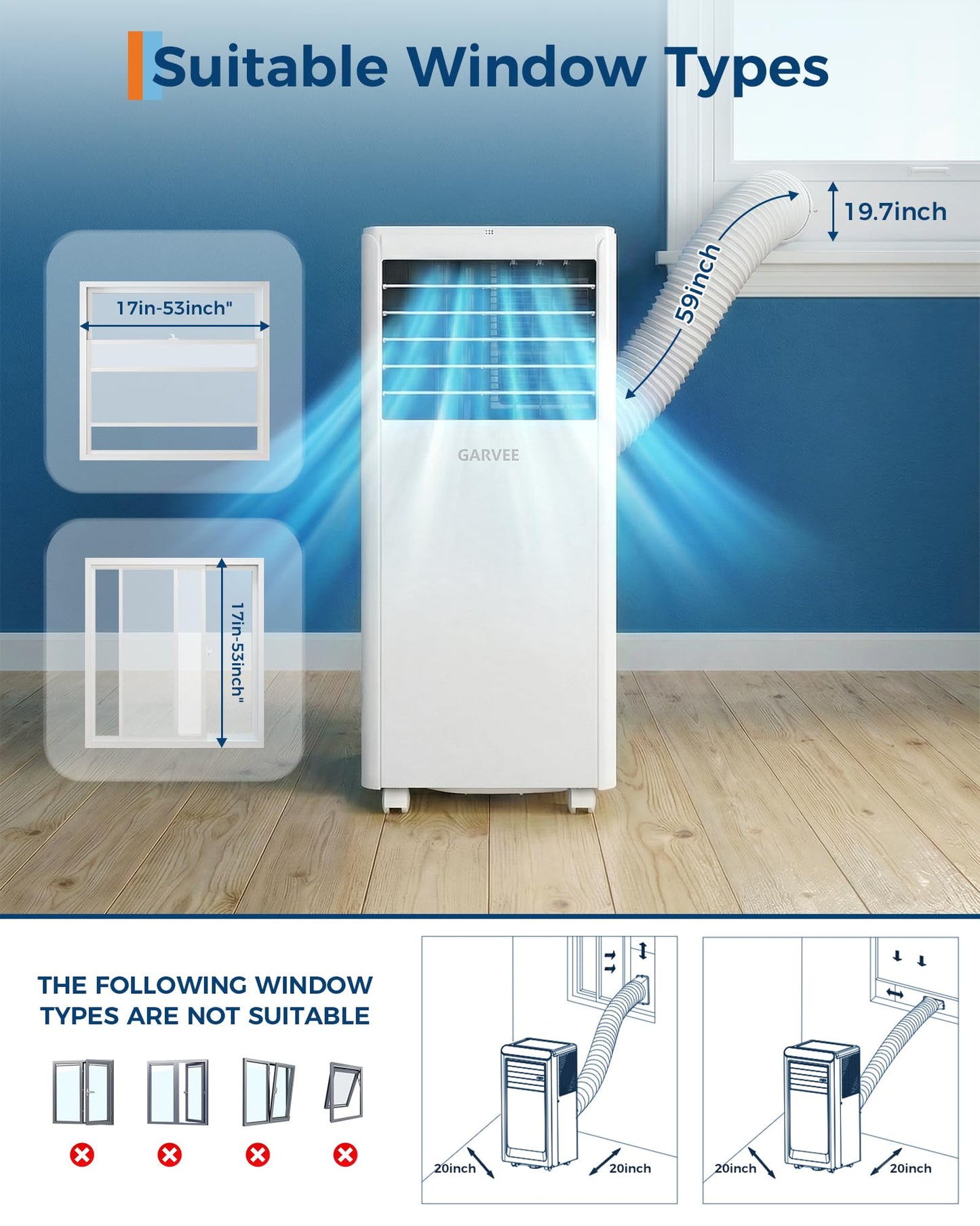 Garvee 8000 BTUs Portable Air Conditioner for 350Sq.Ft Max.Remote Control 48dB Portable AC Unit, Dehumidifier, Fan, Sleep, 24H Timer&Installation Kit, DOE Certified, Ceer 6.2,White White