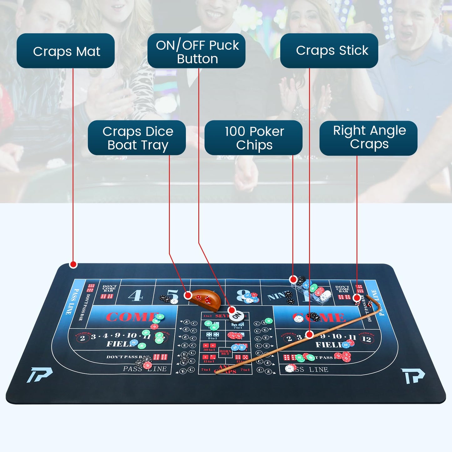 Proshine Craps Tabletop Game Set with 35*70" Rubber Craps Tabletop Layout Mat, 48*11" Rubber Craps Diamond Pyramid Bumper, 36" Rattan Stick, Casino Grade 19mm Dice, On/Off Button &100 pcs Chips (BLUE)
