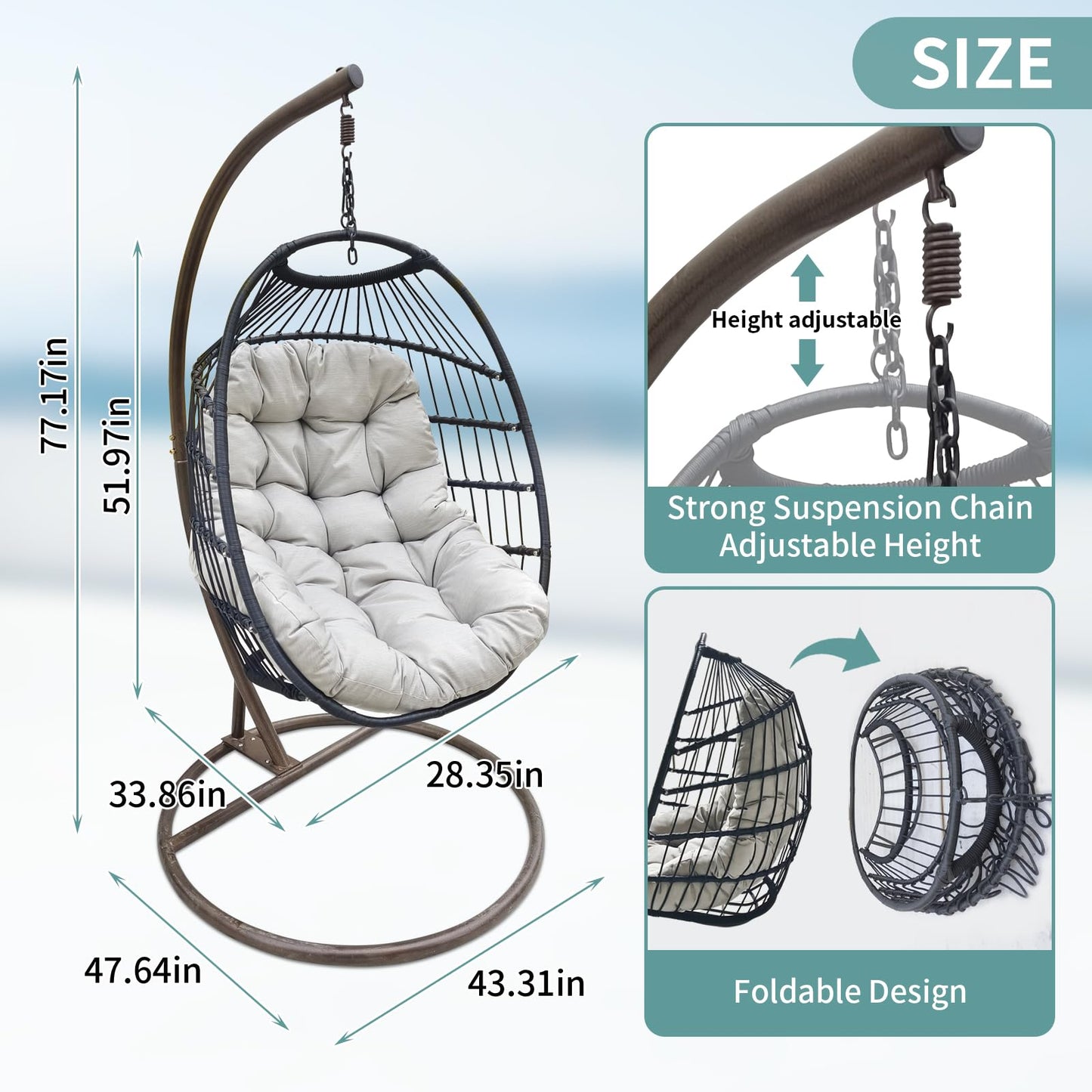 Hanging Egg Chair with Stand, Wicker Hammock Chair, Patio Swing, Foldable Basket, 350lbs Capacity for Indoor/Outdoor, Patio, Deck, Garden, Porch, Terrace