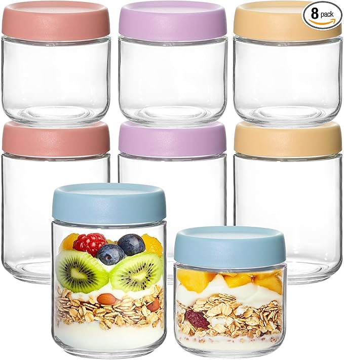 KEYWING 8 Pack Overnight Oats Containers With Lids, 16oz +10oz Wide Mouth Mason Jars with Airtight Lids, Meal Prep Containers Food Storage Glass Jars in Bulk for Snack Yogurt Parfait Spice Sugar