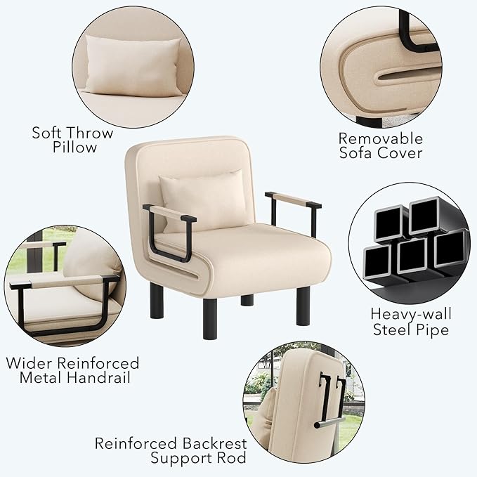 Furniliving 4 in 1 Folding Sofa Bed Chair, Convertible Sleeper Chair Bed with 6-Position Adjustable Backrest, Upholstered Chaise Lounge with Pillow, Accent Chairs for Bedroom/Office, Linen, Beige, 2