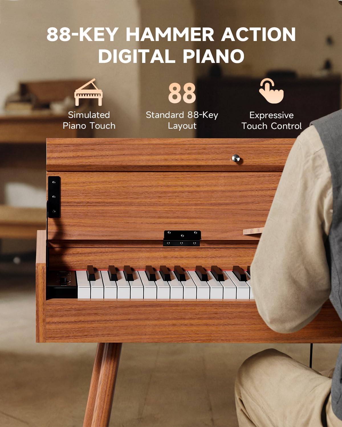 Eastar EUP-100 Digital Piano 88 Key Weighted Keyboard Full Size, Home Digital Keyboard Piano Gifts for Beginners Daughter, with Cover, Headphone, Three-Pedal, Wireless Midi & Recording, Retro Wood
