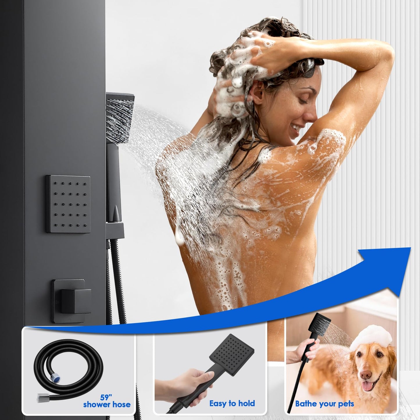 ROVOGO Shower Panel Tower System with High Pressure Shower Head, Body Jets, Handheld and Tub Spout, 46.5"H x 7.8"W Shower Column Stainless Steel with Mixer Valve, Black
