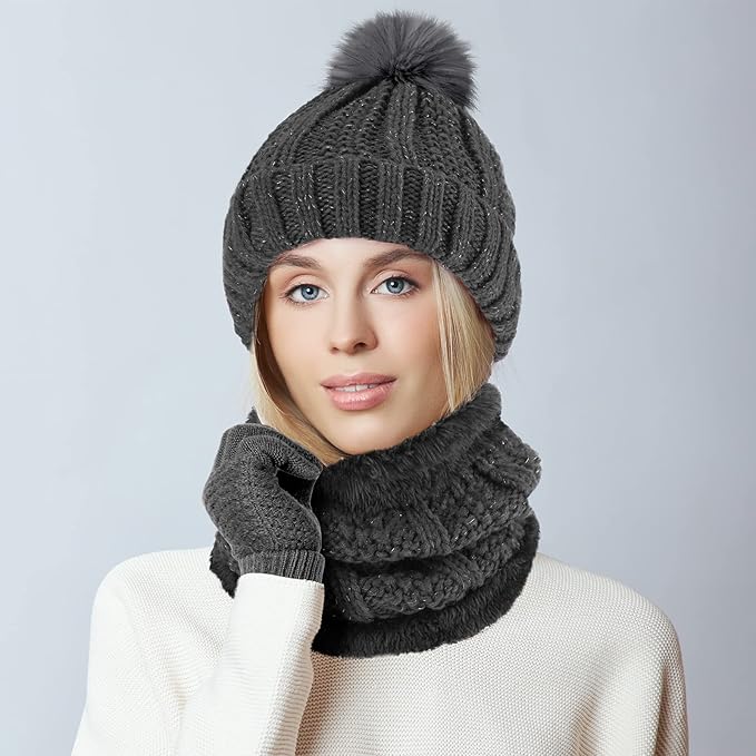 SATINIOR 5 Pcs Winter Hat Scarf Gloves Set Fleece Warm Lined Knit Beanie Hat Touch Screen Earmuff Gloves Warmer for Women(Dark Grey,Classic Style)