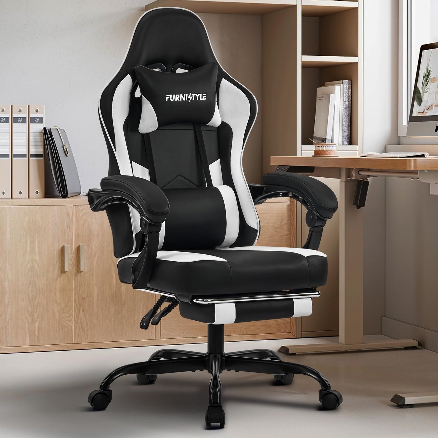 Gaming Chair with Footrest, Reclining Video Game Chairs for Adults with Lumbar Support, Linkage Armrests, Ergonomic Computer Chair for Gaming or Office, PU Black-White