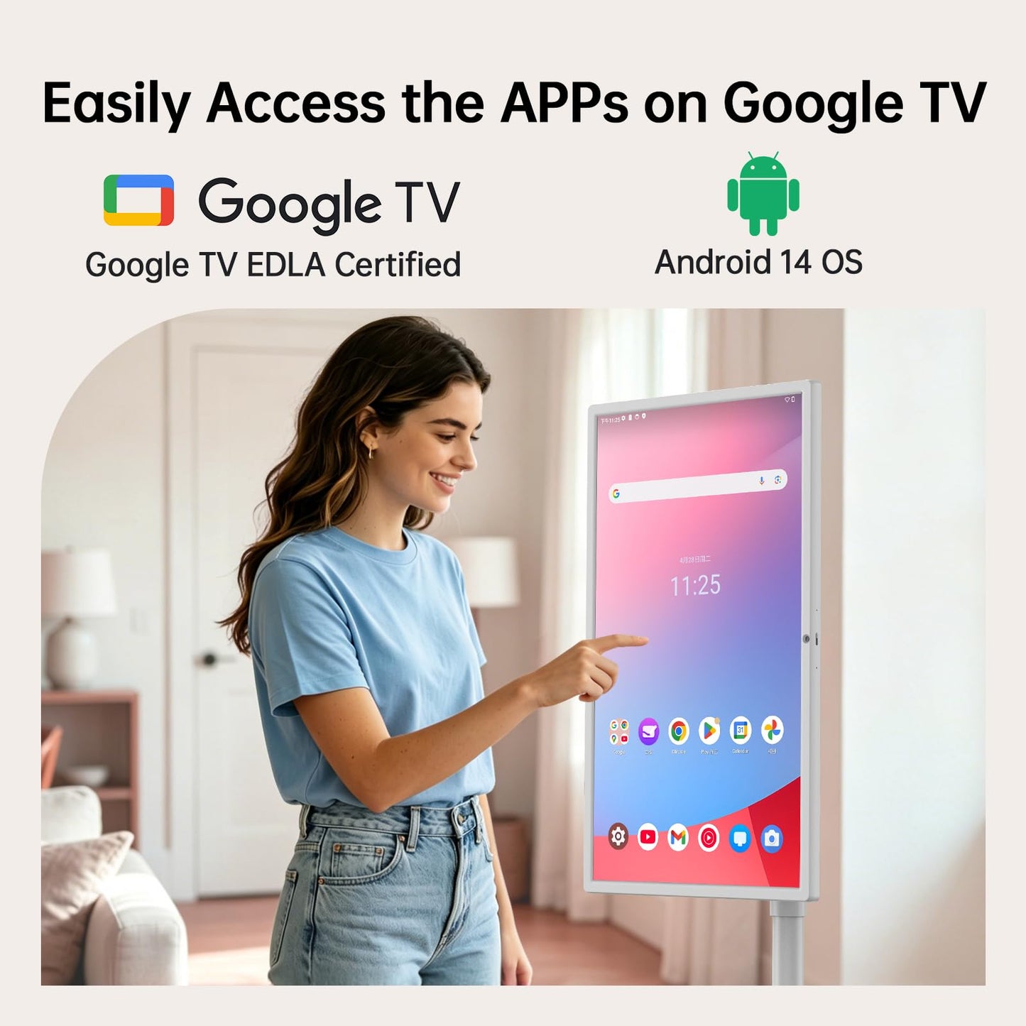HORION Smart Portable TV,27 Inch FHD Portable Touch Screen Monitor with 8MP Camera, 8GB+128GB, Android 14, Google EDLA-Certified,Built-in Speaker, Tilt/Height/Swivel/Pivot Stand,Built-in Battery
