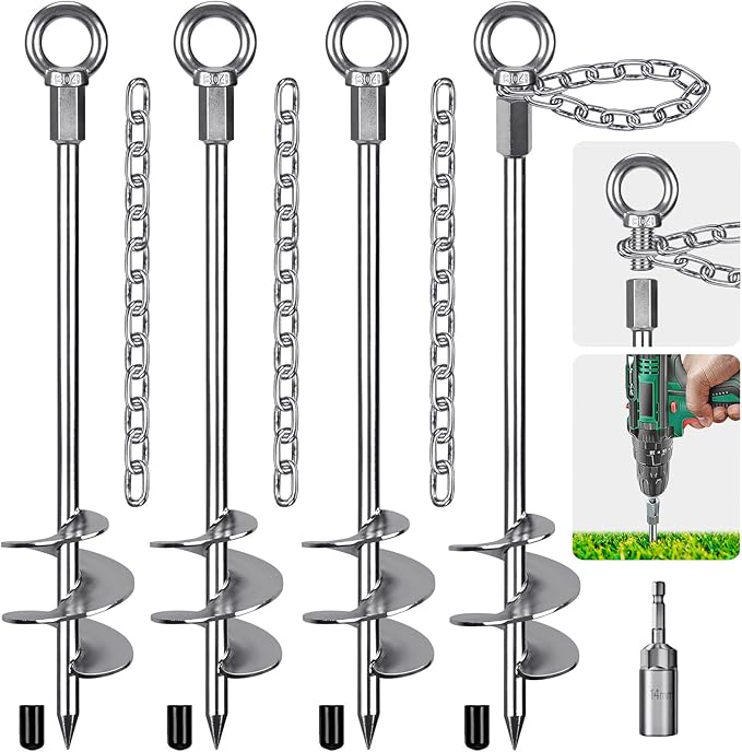 Insaga 17.5'' Fully Welded Ground Anchors with Chain, 3'' Wider Spiral Trampoline Anchors, 4pcs Mobile Home Anchors, Heavy Duty Earth Anchors for Sheds, Swing Sets, Canopies, Carports
