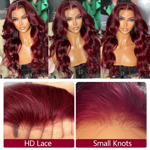Midulla 99J Burgundy 13x4 HD Body Wave Lace Front Wigs Human Hair 28 Inch Transparent Lace Front Wig 200% Density Glueless Wine Red Colored Body Wave Frontal Wigs Pre Plucked with Baby Hair