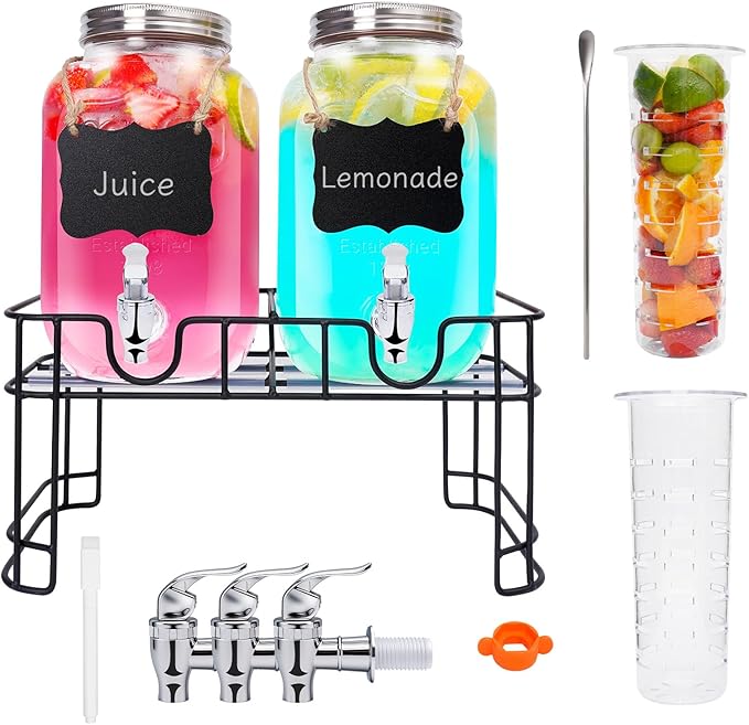 2PCS 1 Gallon Glass Drink Dispensers for Parties, Beverage Dispenser with Stand and Spigot, Used as Lemonade Dispenser Dri...