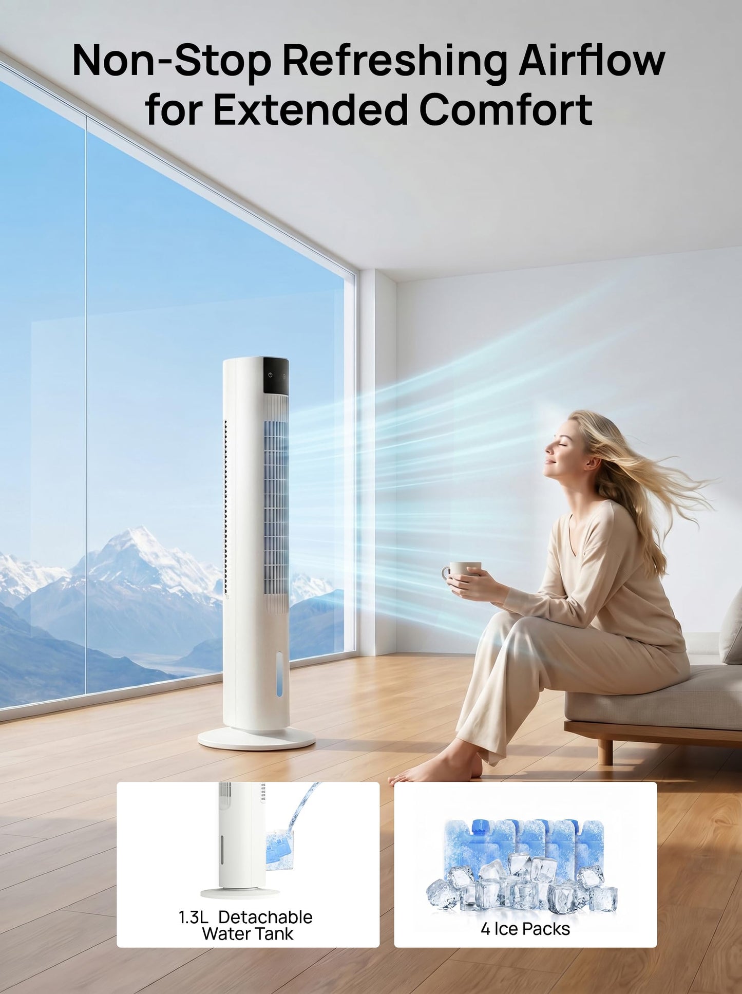 Evaporative Air Cooler, 35" Swamp Cooler, 3-In-1 Cooling Fans that Blows Cold Air, 3 Speeds, 4 Ice Packs, 12H Timer, 80° Oscillation, Remote, Portable Air Conditioners for Room, Bedroom
