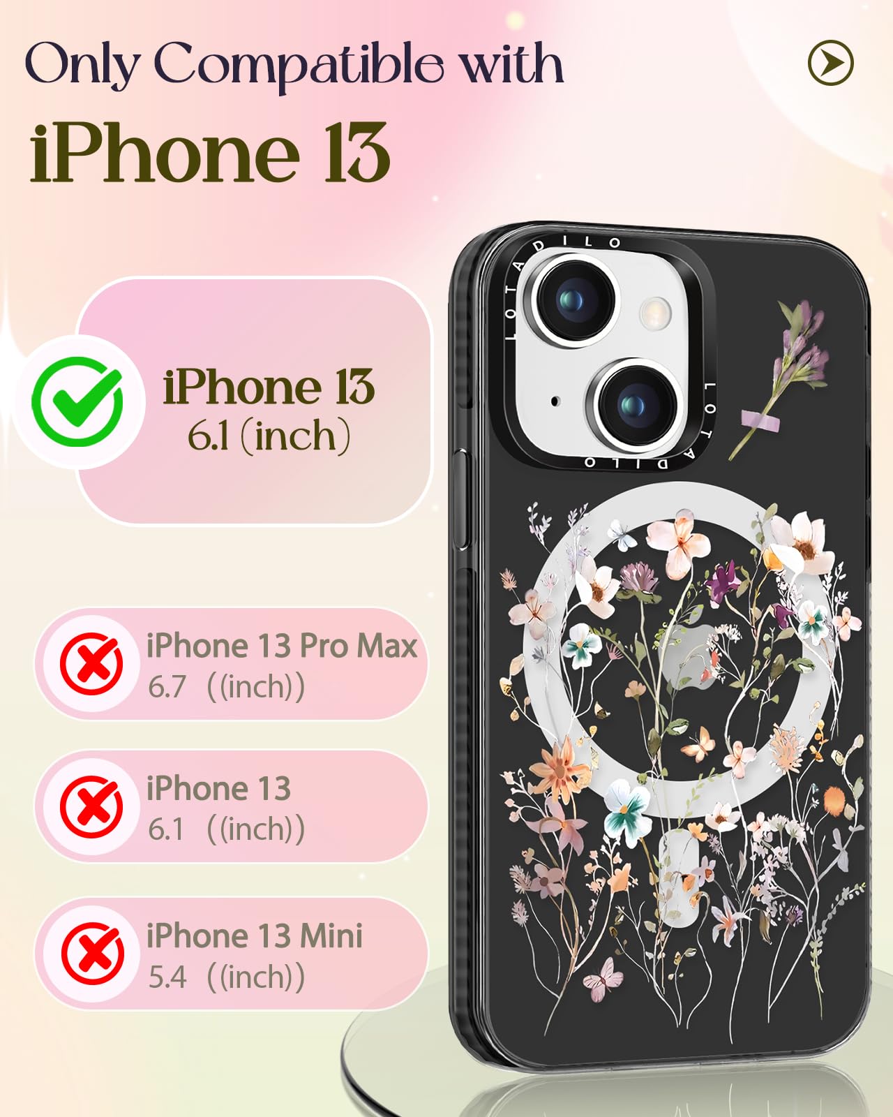 Lotadilo For Iphone 13 Case For Women Girls - Cute Design Compatible With Magsafe Magnetic Ring Holder Stand Foral Flower Aesthe