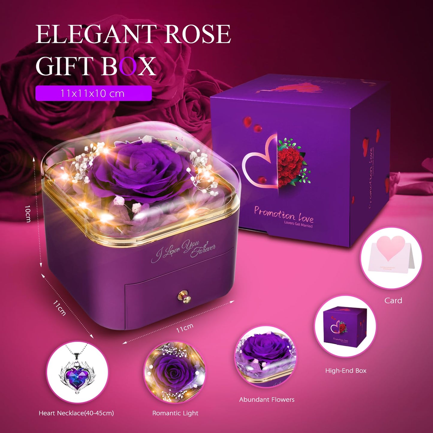 Forever Preserved Rose for Women Mum Wife Girlfriend Eternal Rose Flower Gift Box with Necklace for Her Ideal for Valentines Day Mother's Gifts Birthday for Women Anniversary