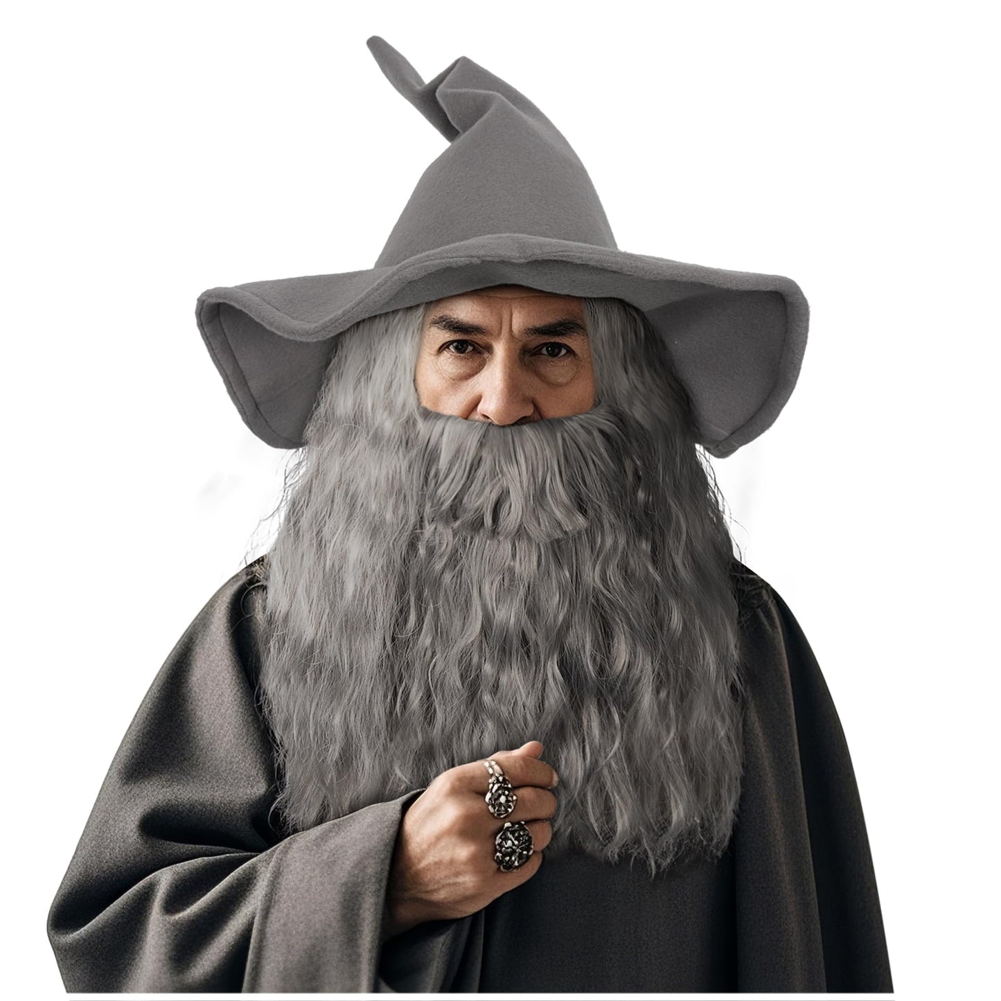 Joukavor Wizard Hat Beard and Wig Costume Accessory for Adults Halloween Cosplay (Grey)