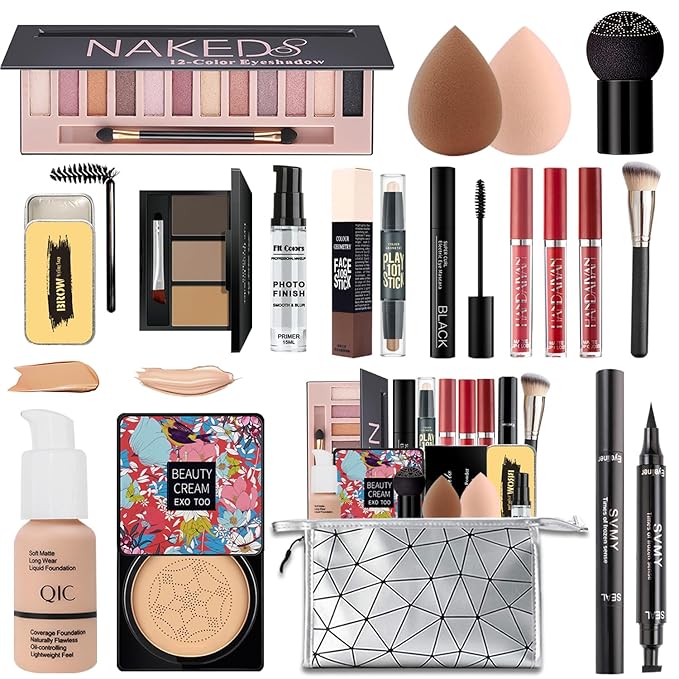 All in One Makeup Kit for Women Full Kit, Make Up Gift Set for Women Teens Girls, Includes Eyeshadow Foundation CC Lipstick Mascara Brush Sponge Brow Powder Soap Eyeliner Primer Contour Cosmetic Bag