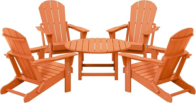 Costaelm Patio Conversation Set, 5 Piece Balcony Furniture, Small Patio Firepit Furniture Outdoor Adirondack Round Coffee Table and Chair for Backyard Lawn Porch Pool Garden, Orange