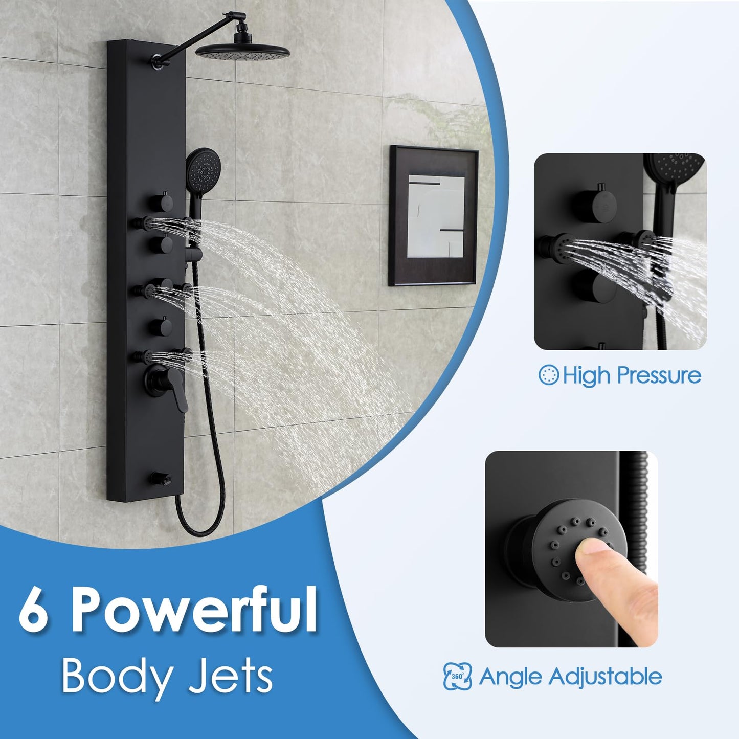 ROVOGO Shower Panel Tower System, 4-Function (Rain Shower, Handheld Sprayer, Body Jets, Tub Spout) with Simultaneous Use Option, Stainless Steel Shower Column with Adjustable Head, Black