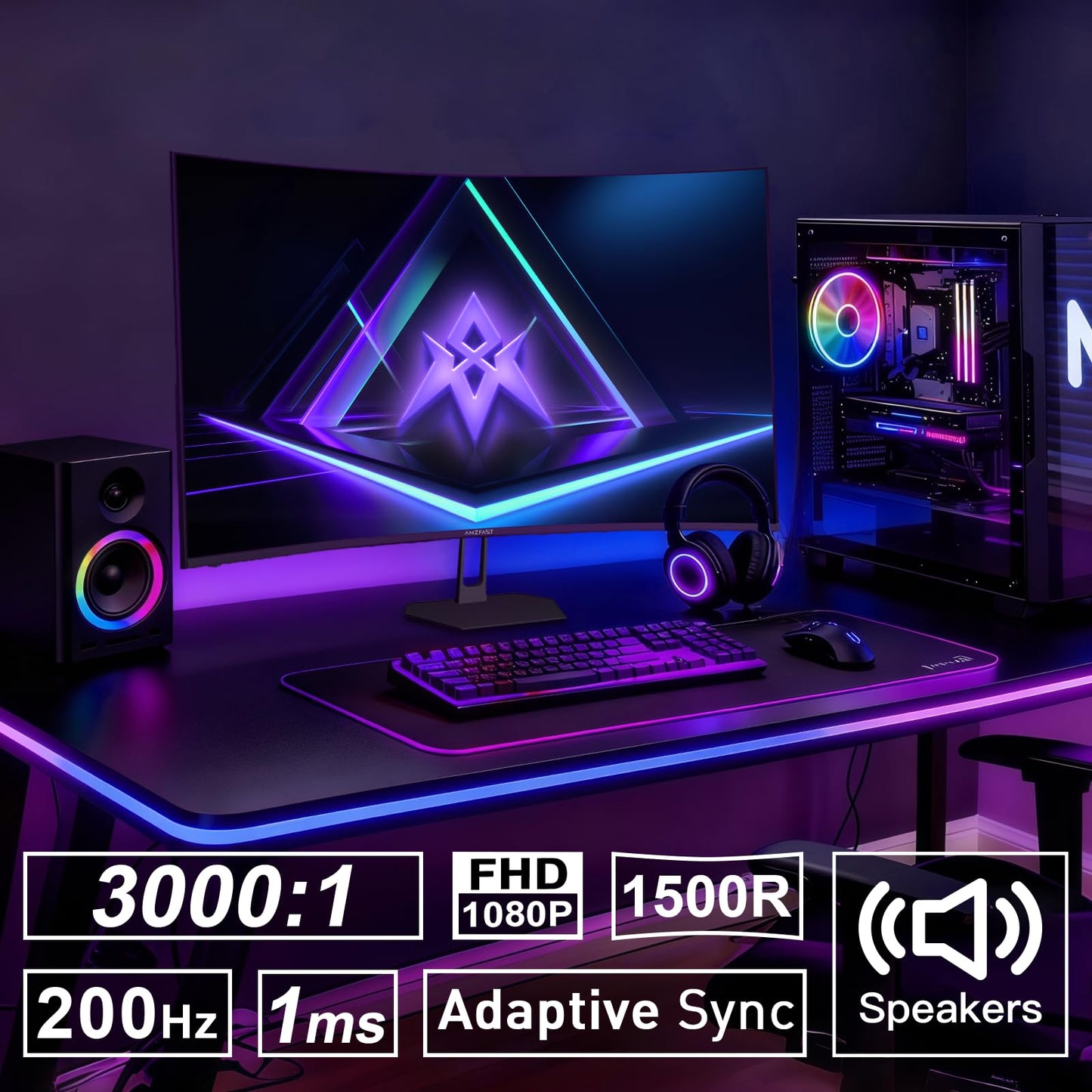 Amzfast 27 inch 200Hz Curved Gaming Monitor, FHD 1080p with Built-in Speakers, FreeSync, MPRT 1ms, 130% sRGB, 3000:1, 1500R, VESA Mount, HDMI 2.0&DP 1.4, 12 Months Warranty Exchange, AMZG27C1