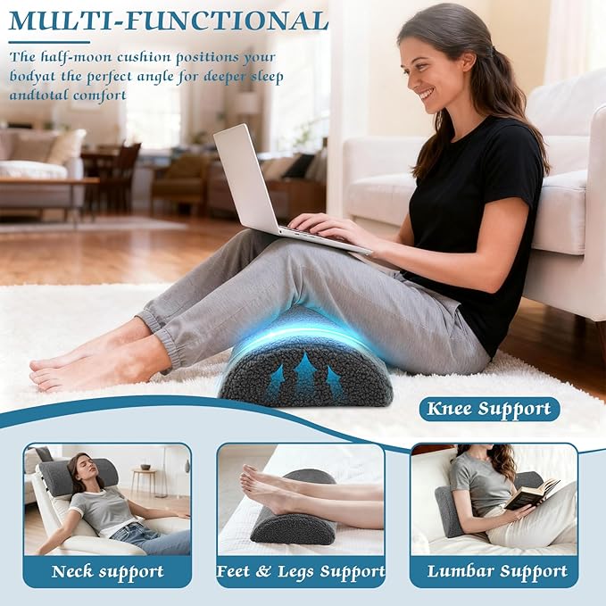 Queekay Health Large Half Moon Bolster Pillow for Legs, Knees, Lower Back and Head, Lumbar Support Pillow for Bed Sleeping Semi Roll for Ankle and Foot Comfort Washable Cover (Grey)