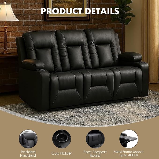 LUCKLIFE Leather Recliner Sofa Set with Manual Recliners,Living Room Furniture Set with Reclining Couch,Loveseat and Armchair,Living Room Chair with Cup Holders,Black (3+1)