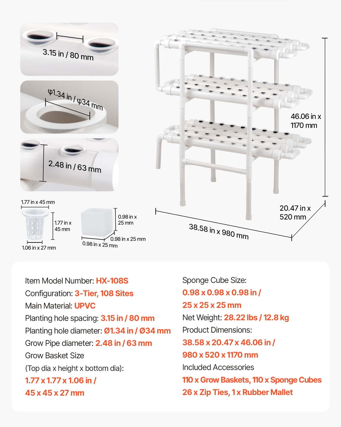 VEVOR Hydroponics Growing System Kit, 3-Tier 108 Sites UPVC Pipe Hydroponic Grow Kit with Timed Irrigation, Sun & Light Blocking Pipes, Indoor Home Garden Vegetable Planting Grow Kits for Fruit Herb