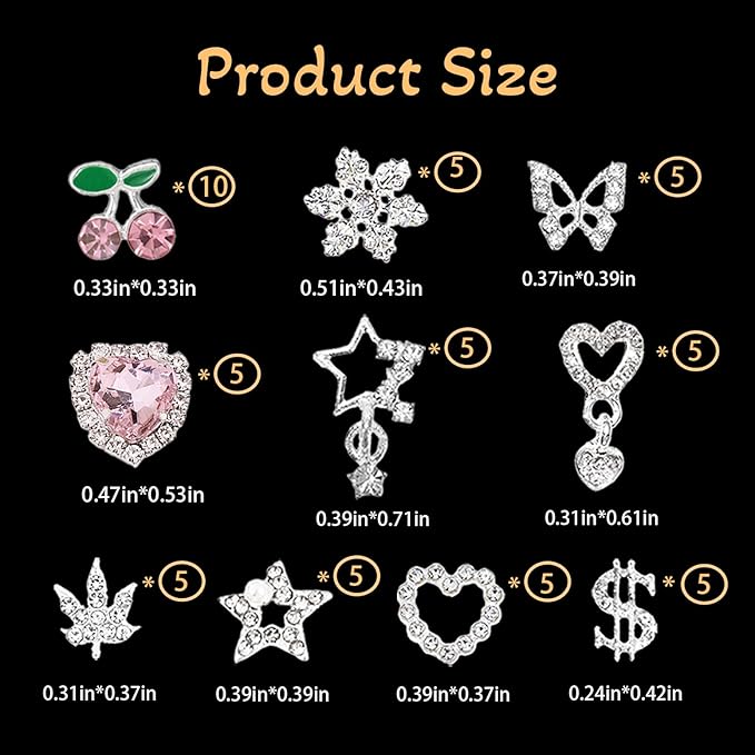 55 Pcs 3D Silver-Pink Nail Charms Y2K Set: Snowflakes, Stars, Dangle Stars, Hearts, Dangle Hearts,Cherries, Maple Leaves, Butterflies, Dollars Silver Nail Charms Y2K