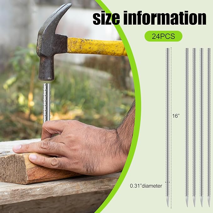 Gisafai 24 Pcs 16 Inch Giant Skeleton Accessories Heavy Duty Ground Anchors Steel Plant Support Garden Stake Halloween Inflatable Outdoor Decorations Ground Stake for Concrete Timber Garden Tent