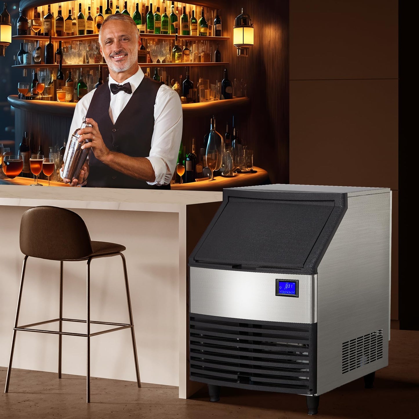 Garvee Commercial Ice Maker Machine, 176 LBS/24H Stainless Steel Under Counter Ice Machine with 99 LBS Ice Storage Capacity, LCD Screen Display, Freestanding Commercial Ice Maker