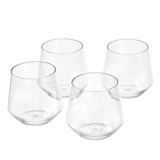 Amazon Basics Tritan BPA-Free Plastic, Dishwasher Safe, Stemless Wine, Shatterproof, 14-oz, Clear, Set of 4