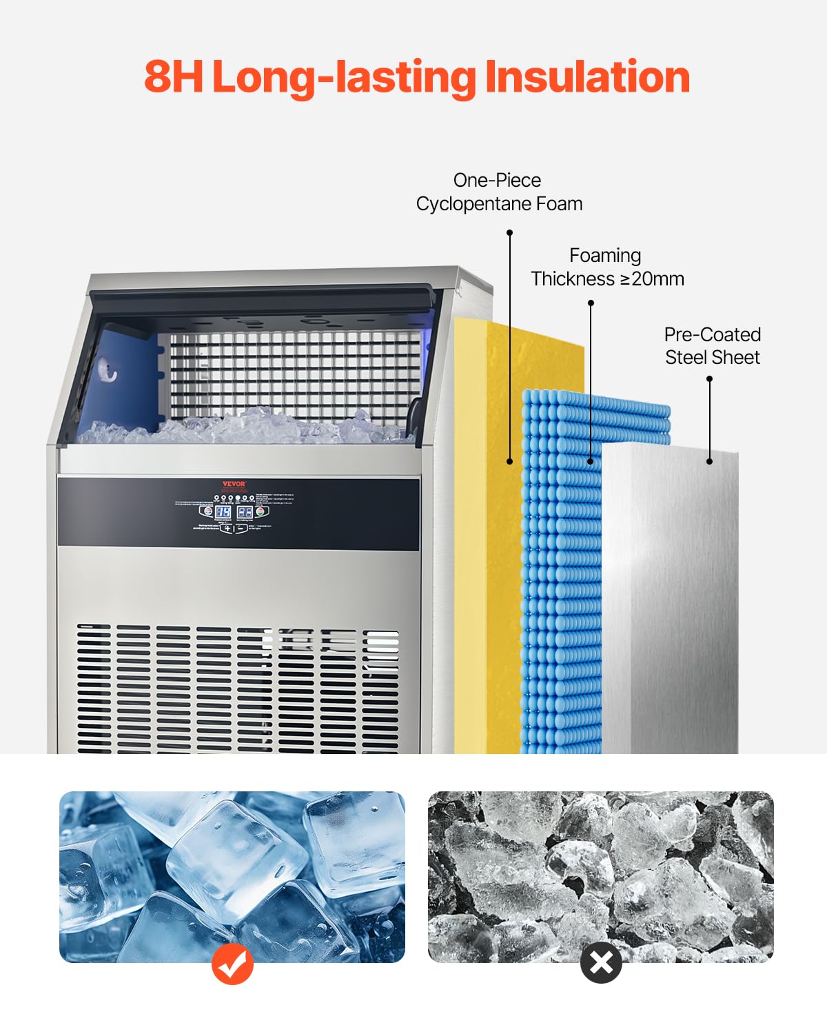 Vevor Commercial Ice Maker Machine, 440Lbs/24H Ice Maker Machine With 110Lbs Storage Capacity, 160 Ice Cubes In 15 Minutes, Led