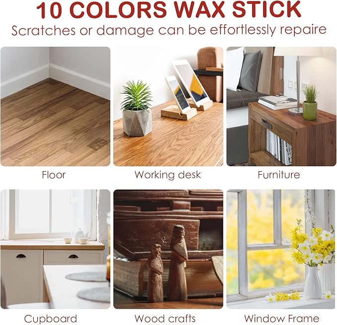 DEWEL Wood Filler Sticks, 10 Pcs Furniture Crayons for Scratches, Touch Up Wax Sticks, Upgrade Furniture Repair Wax Crayons Kit for Scratches, Holes, Floor, Table, Laminate, Carpenters
