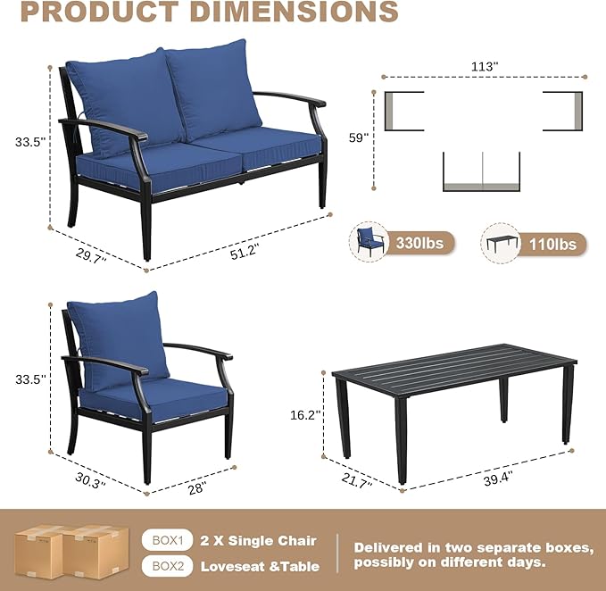 SunloungeCo 4-Piece Patio Furniture Set, Wider Outdoor Metal Seating Sofa with High Back & Loveseat, Coffee Table, All Weather Metal Conversation Set for Backyard, Poolside, Deck-Navy